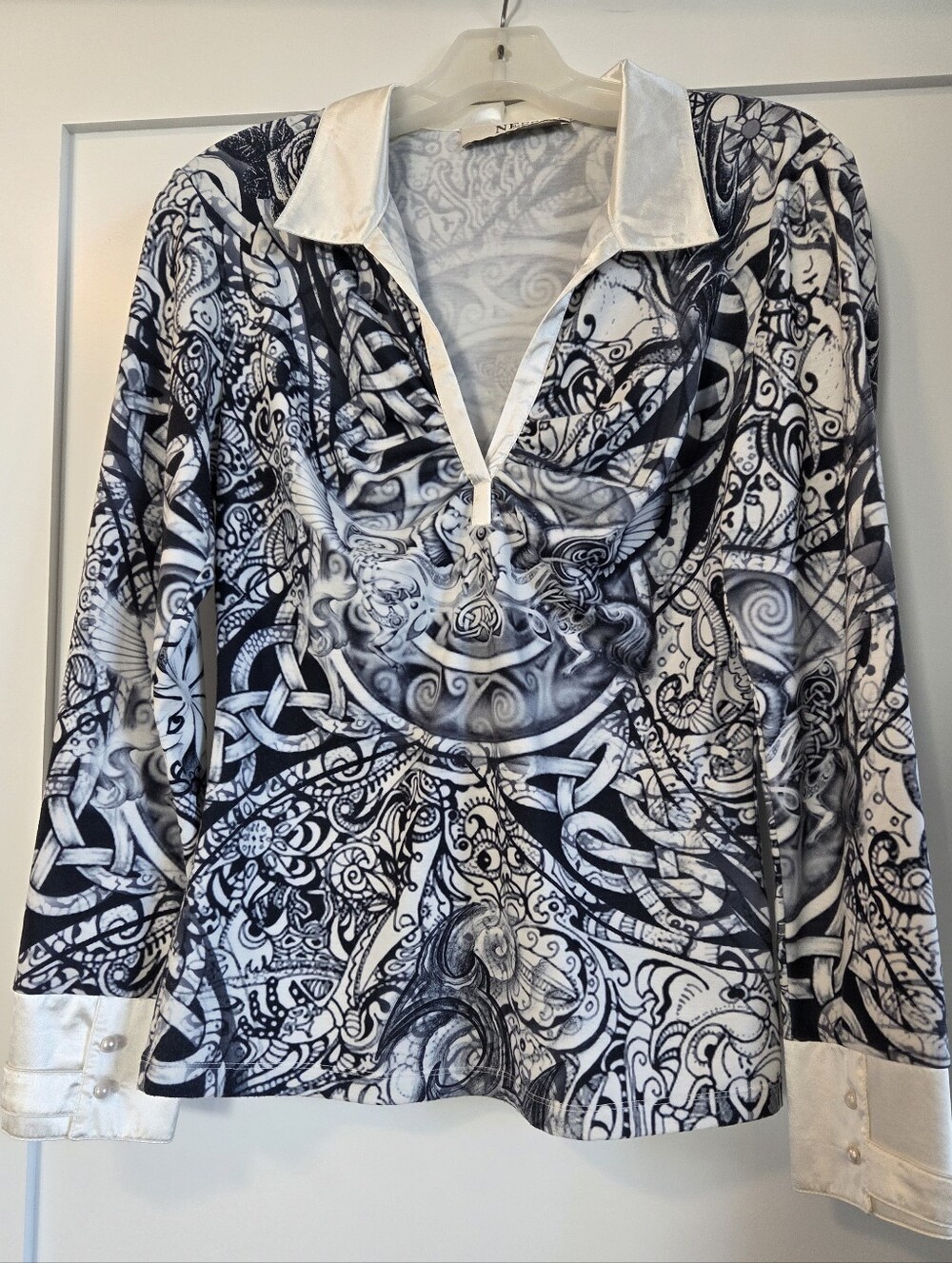 Stylish Navy & White Printed Women's Shirt with Satin Collar